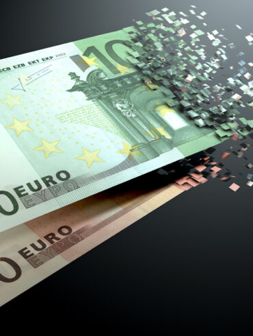 The dematerialization of money, euros are dematerialized on a black background.