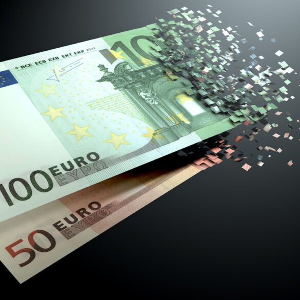 The dematerialization of money, euros are dematerialized on a black background.