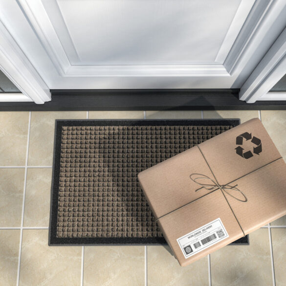 Express delivery, e-commerce online purchase concept. Parcel box on mat near front door. 3d illustration