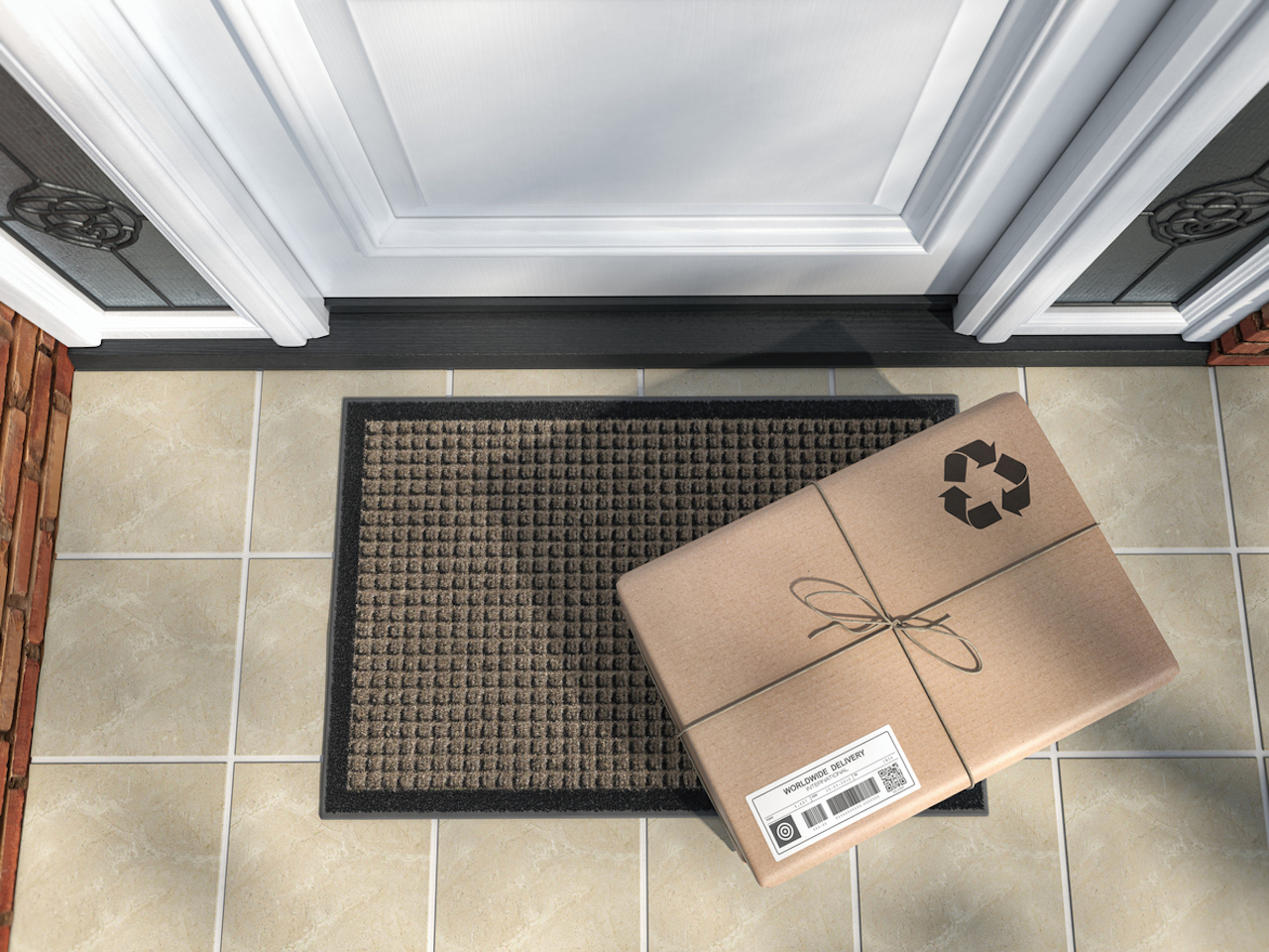 Express delivery, e-commerce online purchase concept. Parcel box on mat near front door. 3d illustration