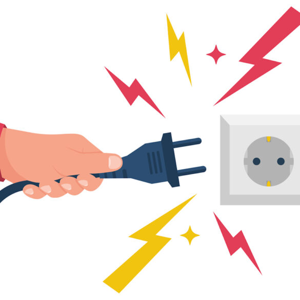 Electric power plug holding in hand. Unplug, and plugged in the wall socket. Vector illustration flat design. Connecting power plug. Sparks flying from the outlet.