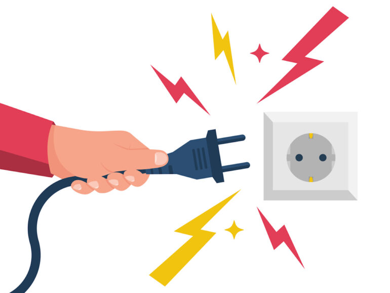 Electric power plug holding in hand. Unplug, and plugged in the wall socket. Vector illustration flat design. Connecting power plug. Sparks flying from the outlet.