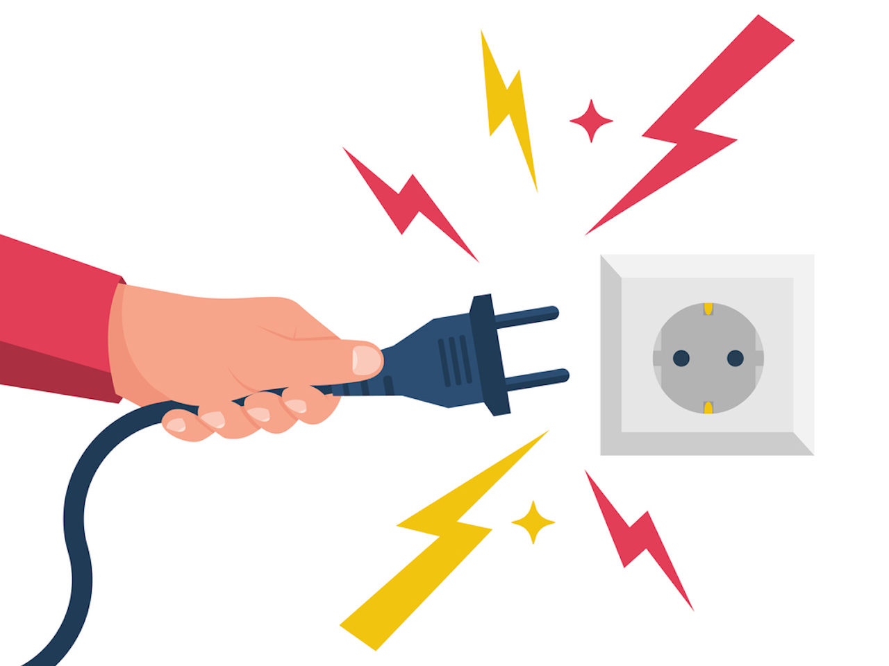 Electric power plug holding in hand. Unplug, and plugged in the wall socket. Vector illustration flat design. Connecting power plug. Sparks flying from the outlet.